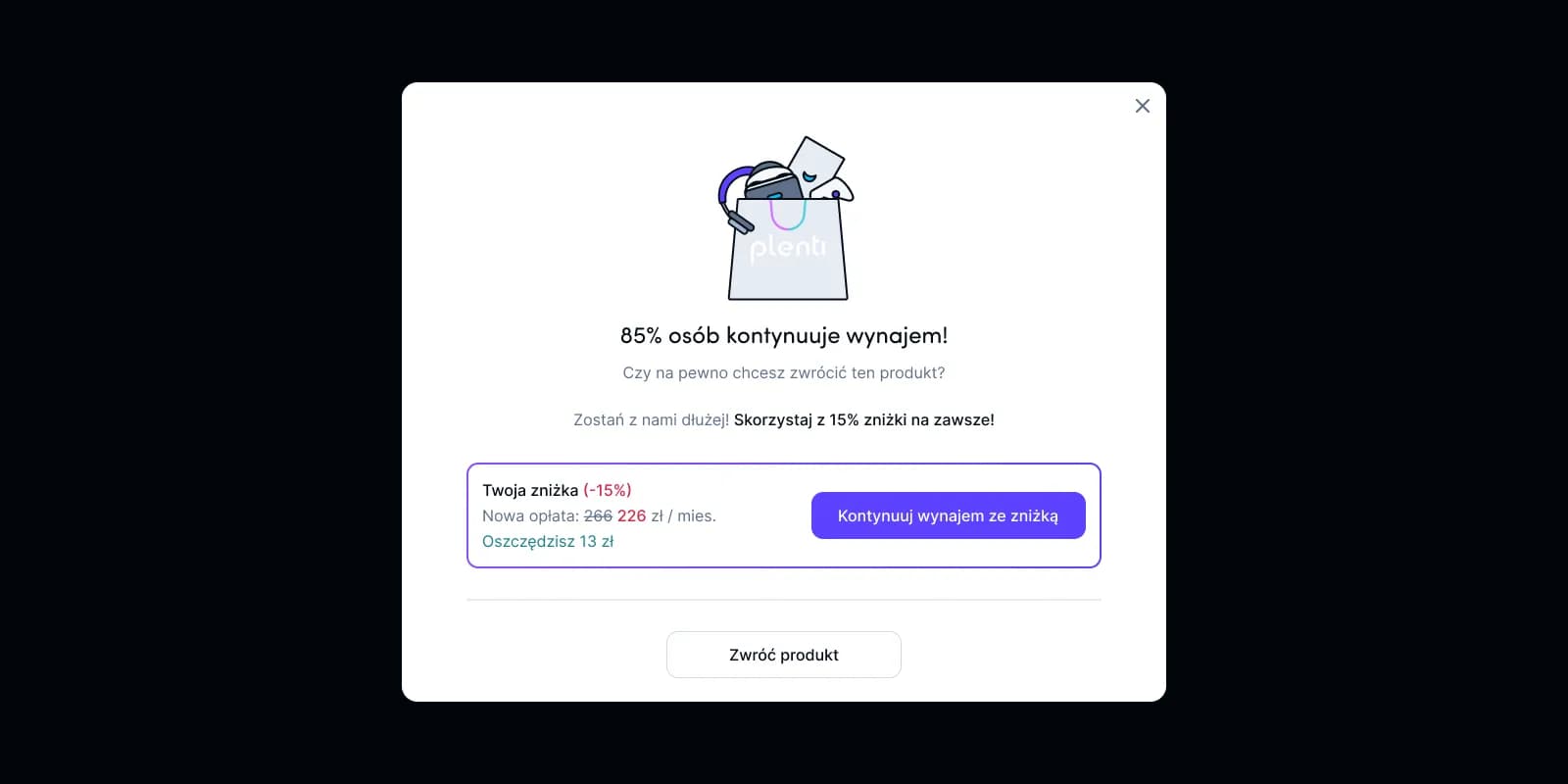 Flow zwrotu z jednorazową ofertą 15% zniżki retencyjnej